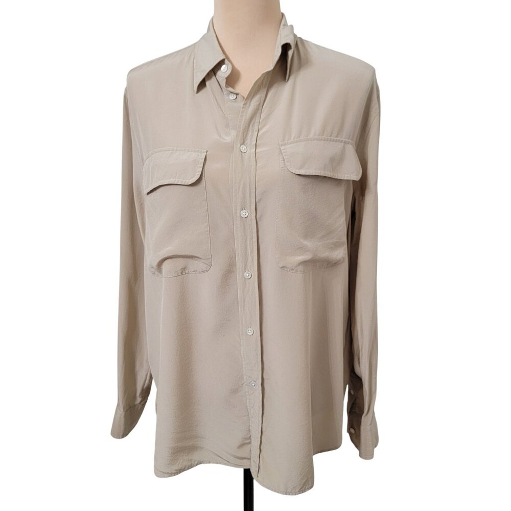 Polo Ralph Lauren Size 12 Tan 100% Silk Button Down Shirt, Long Sleeve